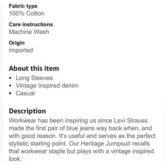 Levi’s Long Sleeve Heritage Jumpsuit-Size Small - Picture 5 of 7